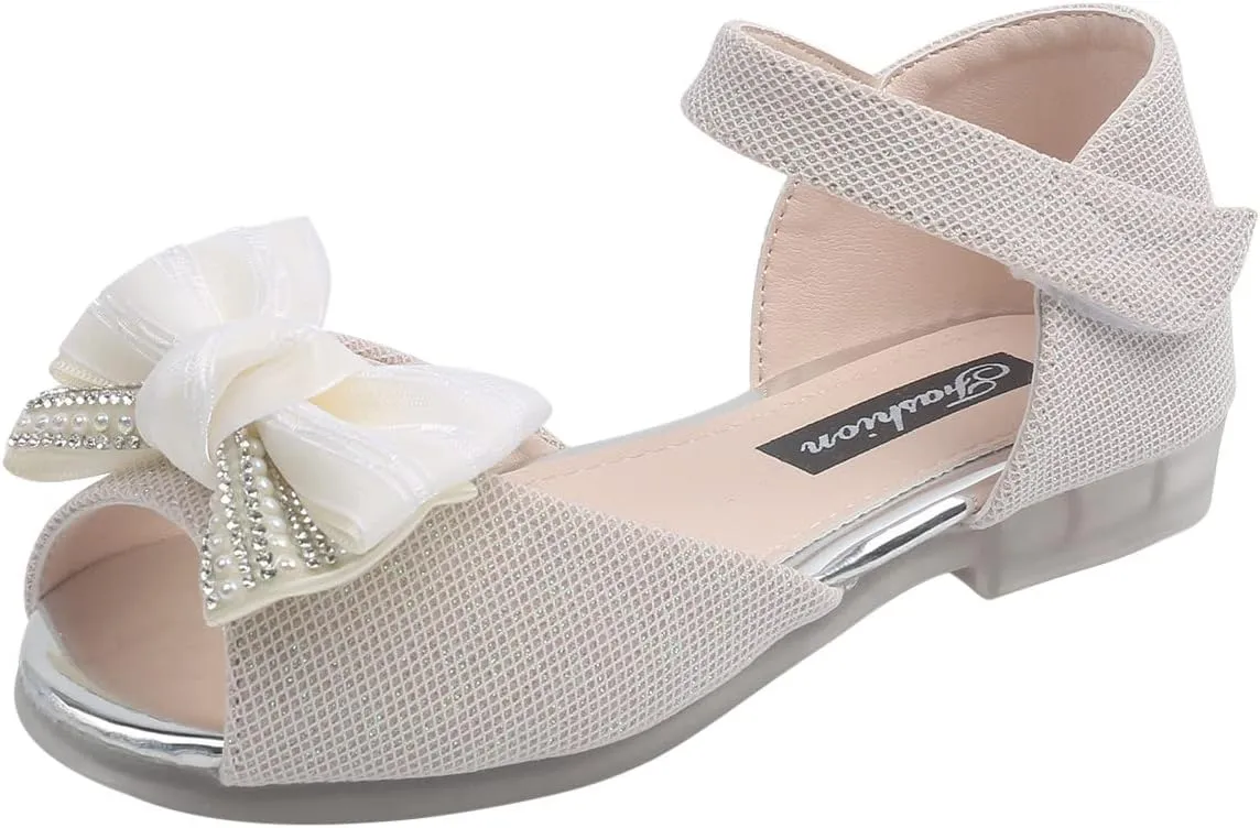 Baby Girl's Bow Embellished Shoes Hook and Loop Fish Mouth Sandals Rubber Sole Elegant Flats Splicing Crystal Shoe