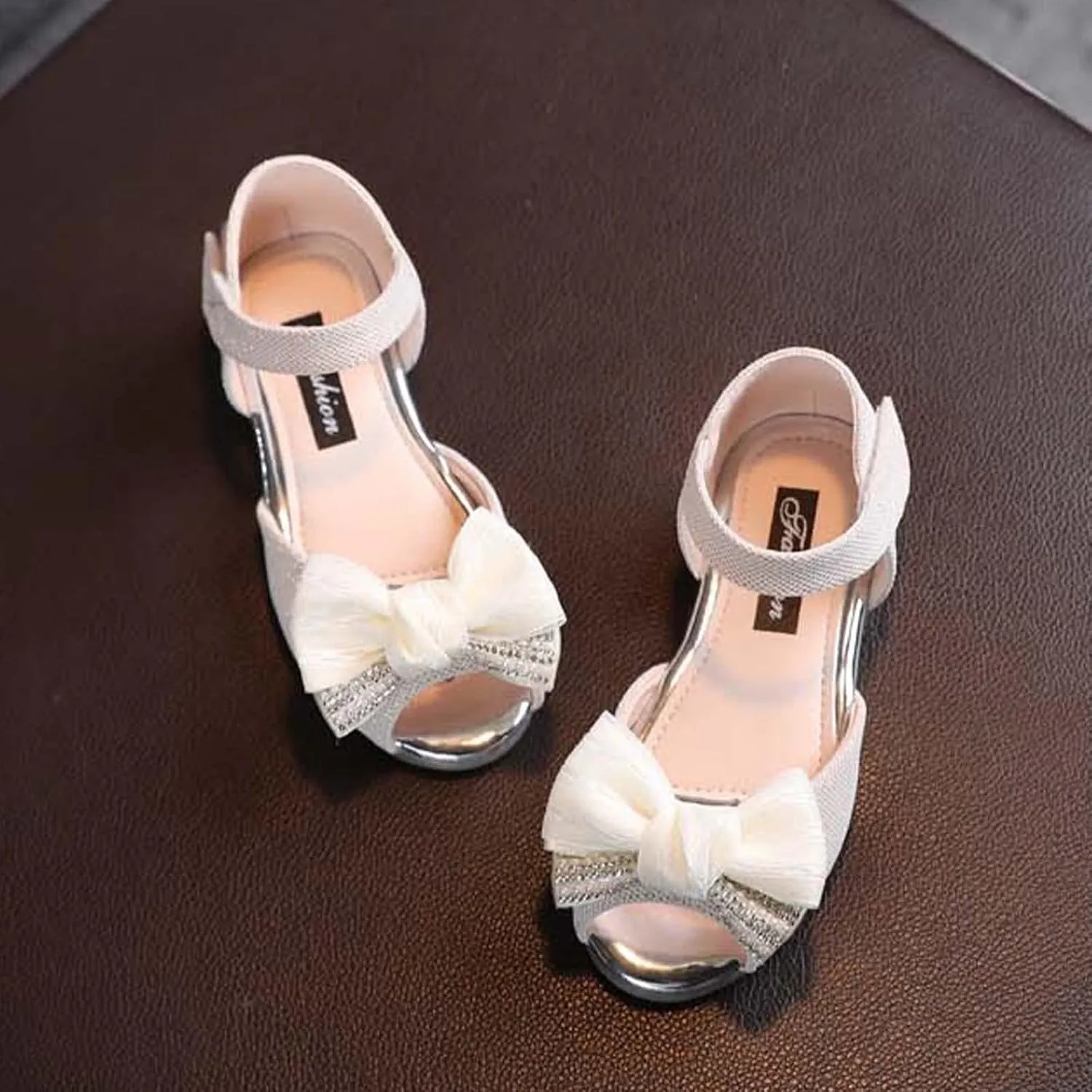 Baby Girl's Bow Embellished Shoes Hook and Loop Fish Mouth Sandals Rubber Sole Elegant Flats Splicing Crystal Shoe
