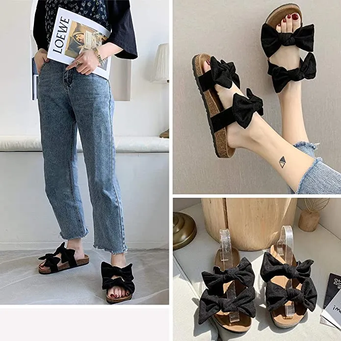 Black Knot Suede Leather Soft Cork Slip On Sandals