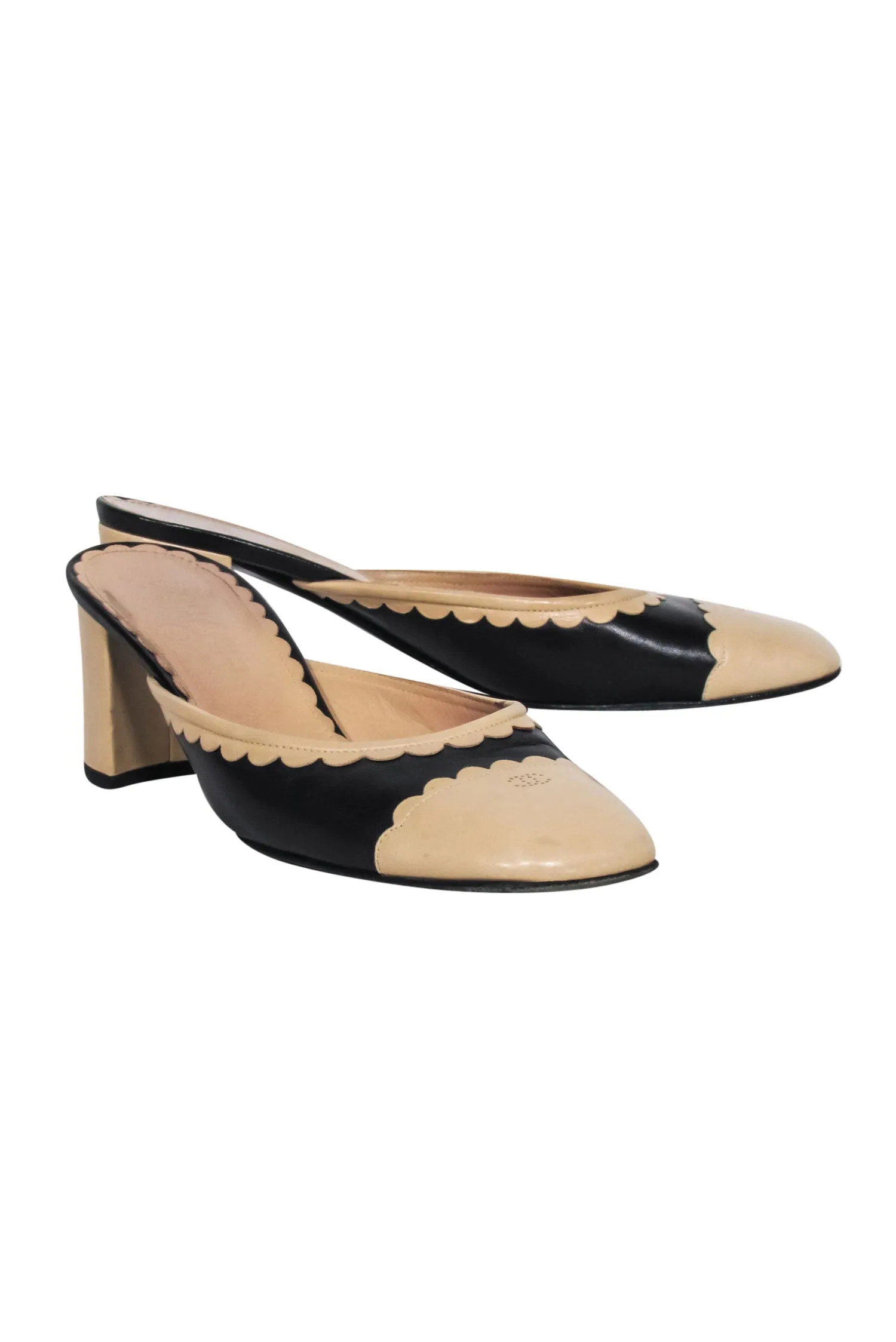 Chanel - Beige & Black Leather Mule Pumps Sz 8