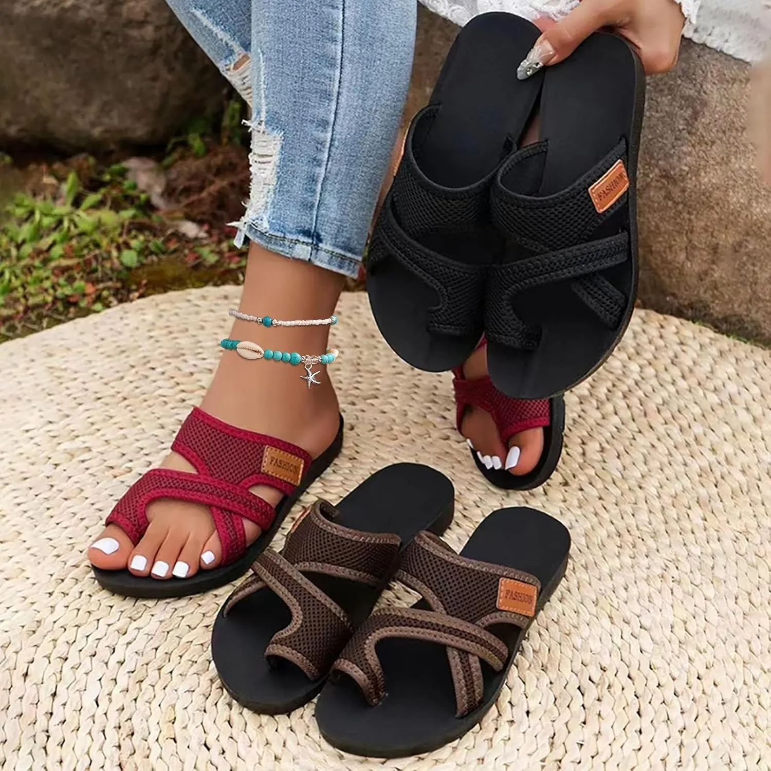 Comfy Orthopedic Sandals for Women Flip Flops Split Toe Stylish Hollow Mesh Slide Sandals with Arch Support Comfortable Beach Sandals