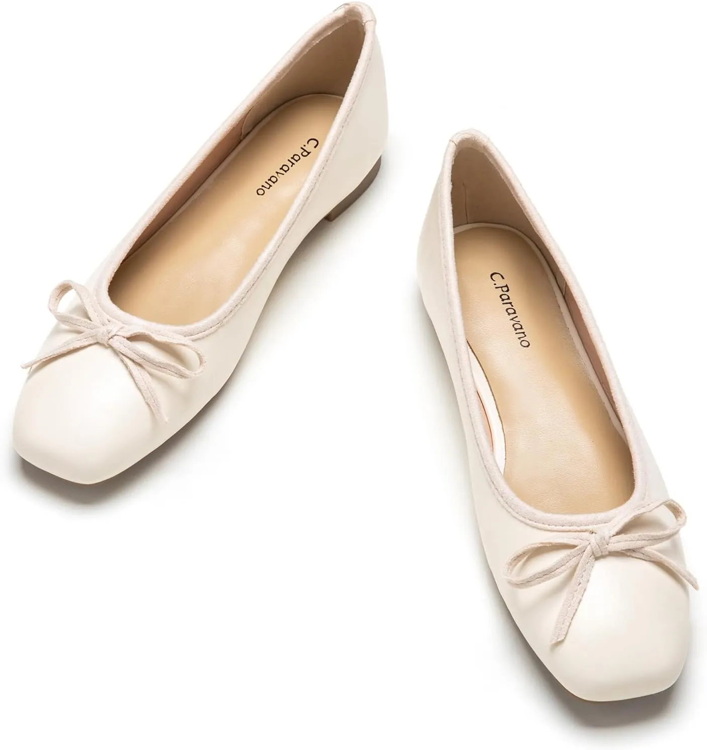 C.Paravano Women's Ballet Flats, Comfortable Slip On Round Toe Flat Shoes, Casual Walking White Shoes for Women, Slip-On Bow Dressy Flats for Wedding Work Office (Size 8.5,White)