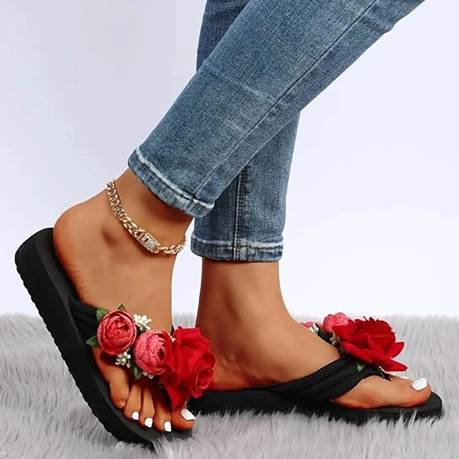 Flip Flops for Women Wedge High Heel Flipflops Sandals Flower Platform Comfort Slippers Summer Beach Thong Sandals