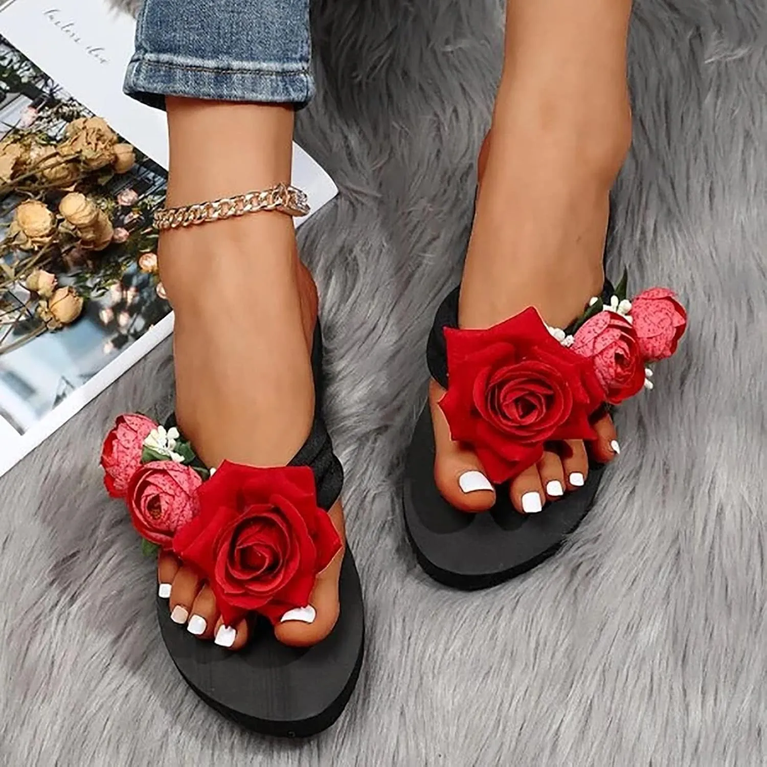 Flip Flops for Women Wedge High Heel Flipflops Sandals Flower Platform Comfort Slippers Summer Beach Thong Sandals