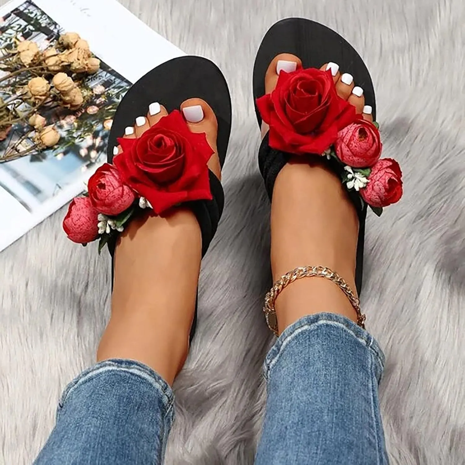 Flip Flops for Women Wedge High Heel Flipflops Sandals Flower Platform Comfort Slippers Summer Beach Thong Sandals