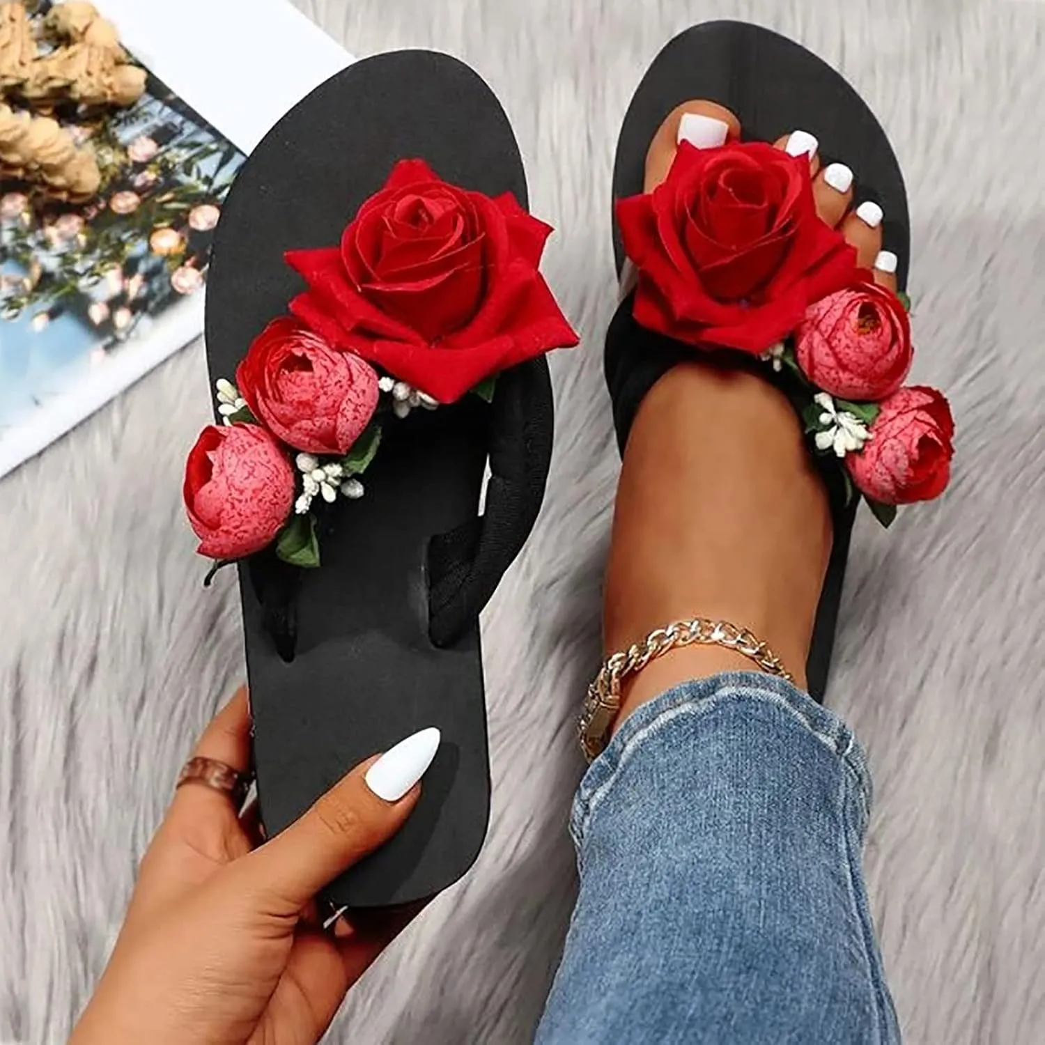 Flip Flops for Women Wedge High Heel Flipflops Sandals Flower Platform Comfort Slippers Summer Beach Thong Sandals