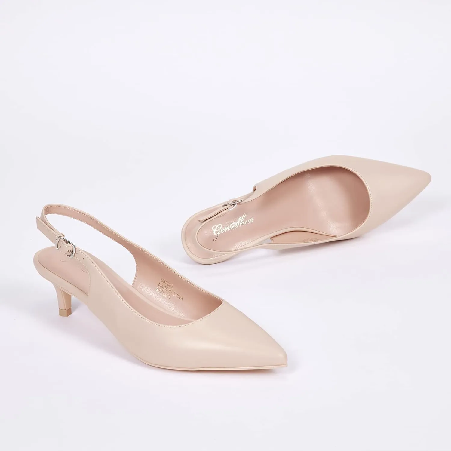 GENSHUO Low Kitten Heels Women's Slingback Dressy Pumps Pointed Closed Toe Ankle Strap Elegant Wedding Pumps Formal Comfortable Shoes