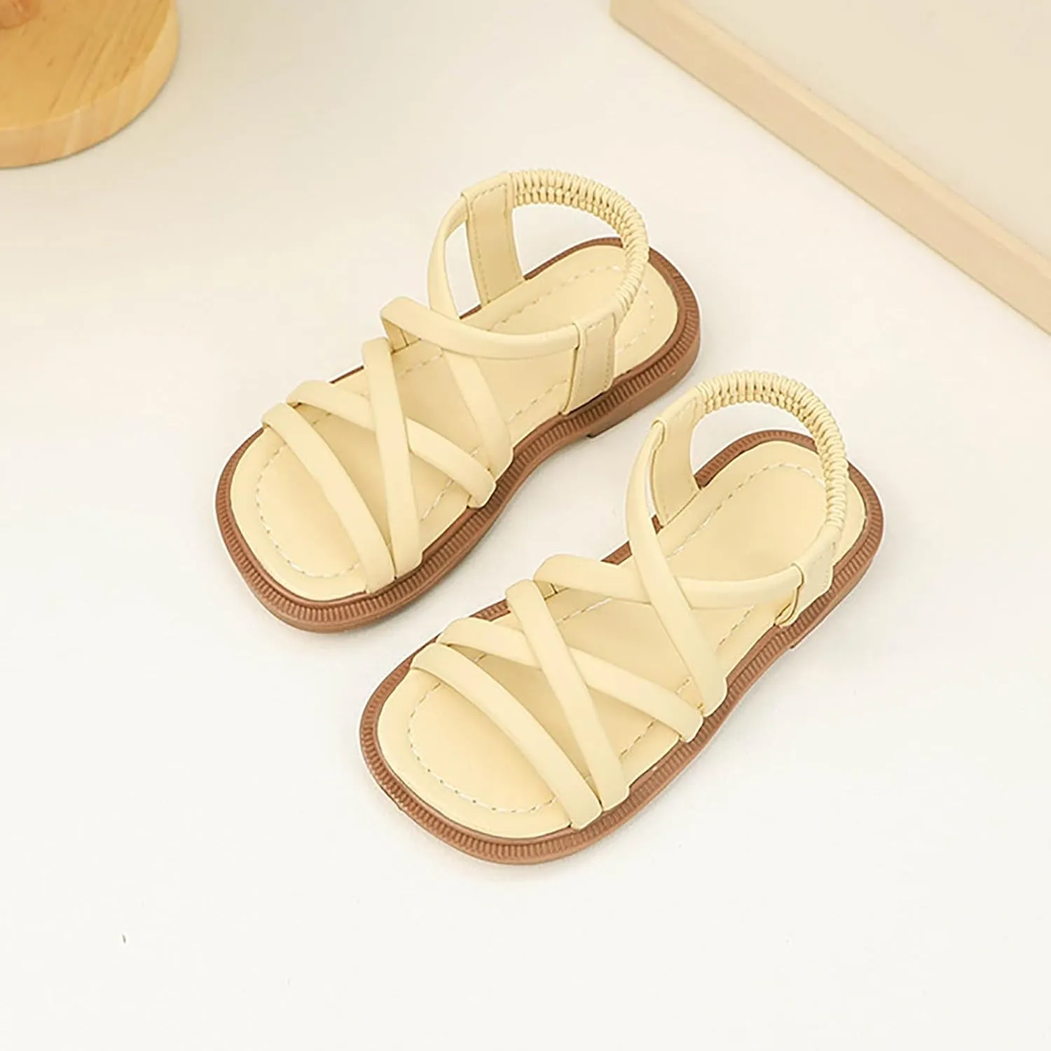 Girls Soft Sandals Gladiator Open Toe Elastic Soft Bottom Solid Color Roman Beach Anti-Slip Slipper Flat