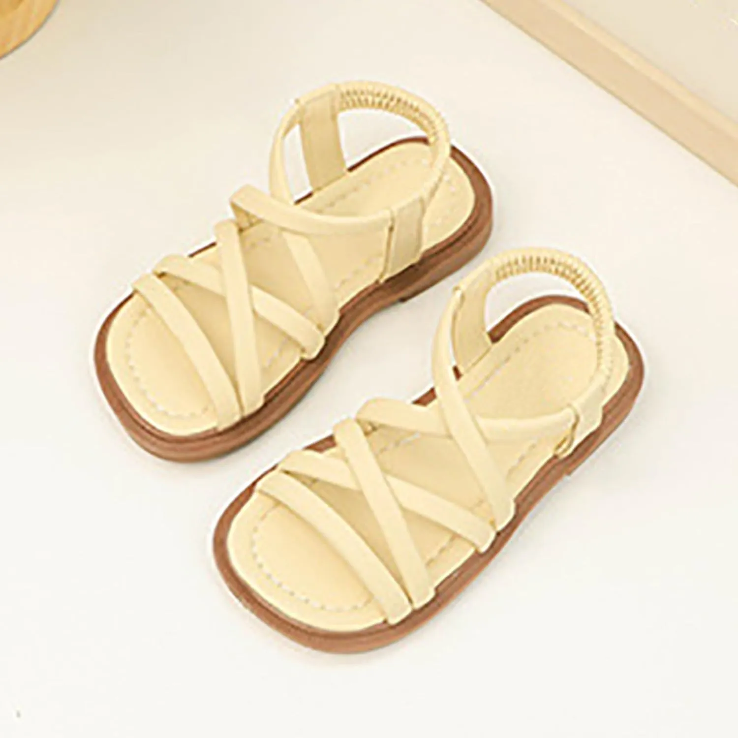 Girls Soft Sandals Gladiator Open Toe Elastic Soft Bottom Solid Color Roman Beach Anti-Slip Slipper Flat