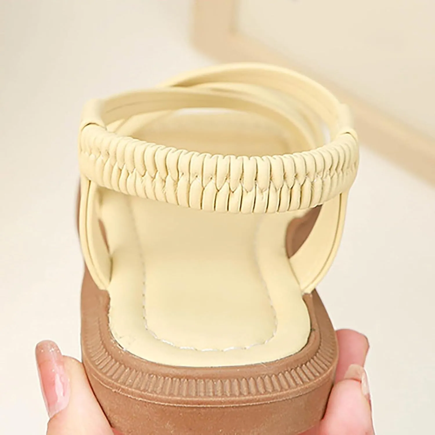 Girls Soft Sandals Gladiator Open Toe Elastic Soft Bottom Solid Color Roman Beach Anti-Slip Slipper Flat