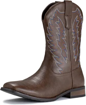 IUV Cowboy Boots For Men Wide Foot Square Toe Western Boots with Classic Embroidered Durable Slip on Boots