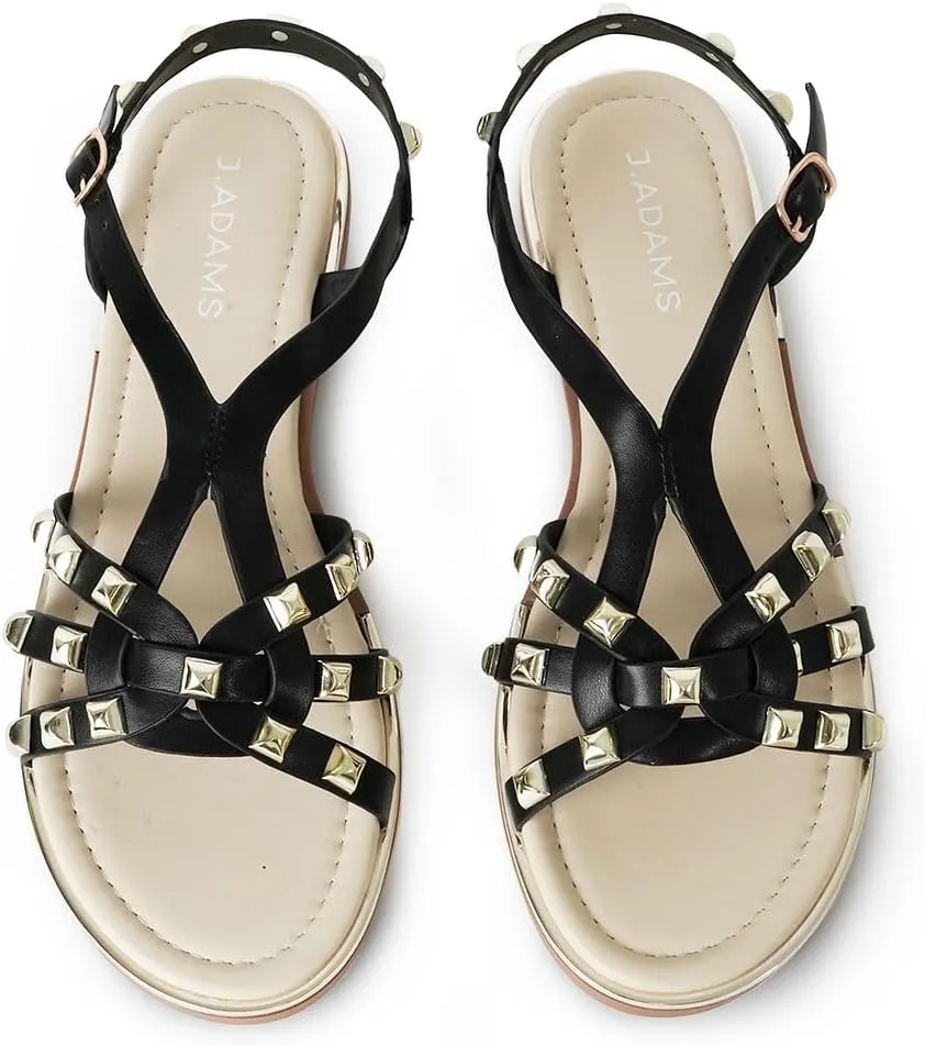J. Adams Women's Strappy Flat Sandals with Gold Studs  Comfortable and Stylish Summer Footwear