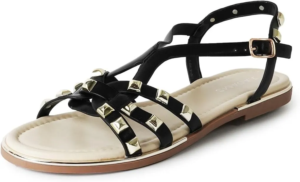 J. Adams Women's Strappy Flat Sandals with Gold Studs  Comfortable and Stylish Summer Footwear