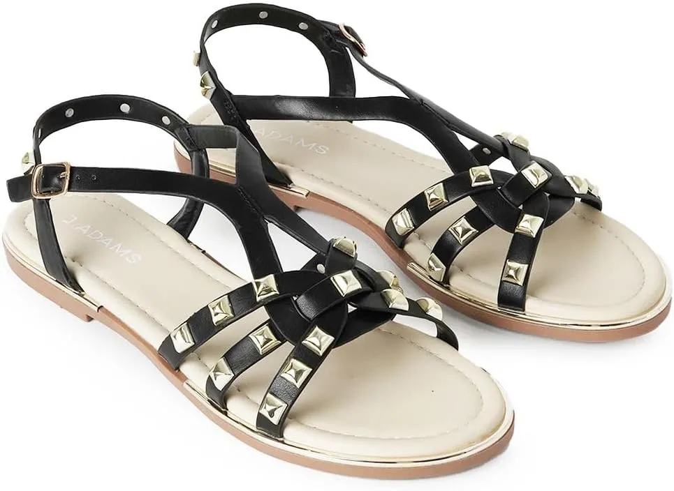 J. Adams Women's Strappy Flat Sandals with Gold Studs  Comfortable and Stylish Summer Footwear