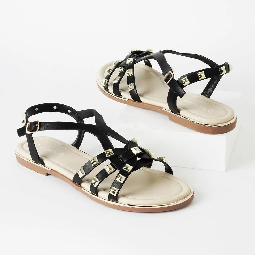 J. Adams Women's Strappy Flat Sandals with Gold Studs  Comfortable and Stylish Summer Footwear