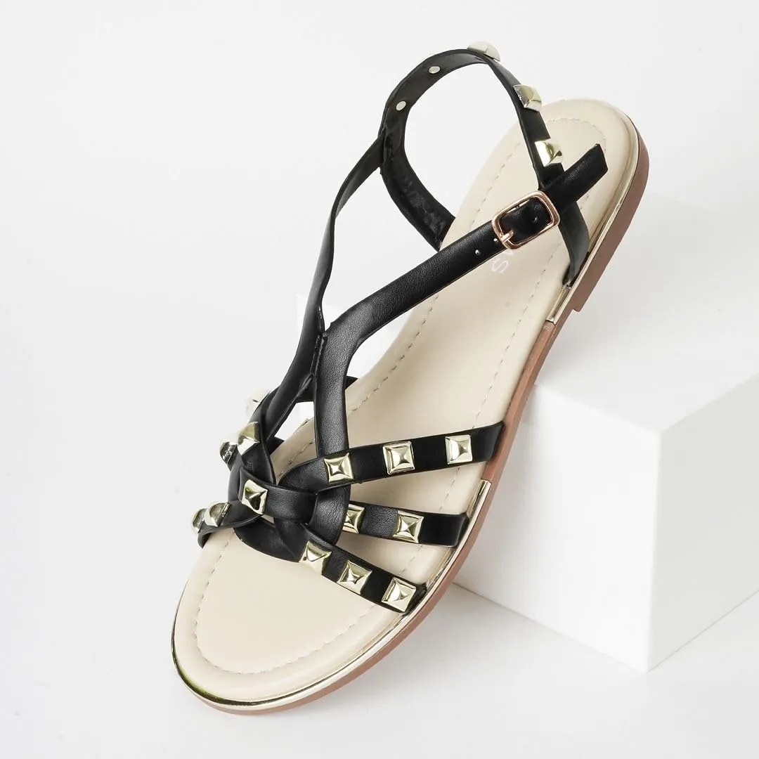 J. Adams Women's Strappy Flat Sandals with Gold Studs  Comfortable and Stylish Summer Footwear
