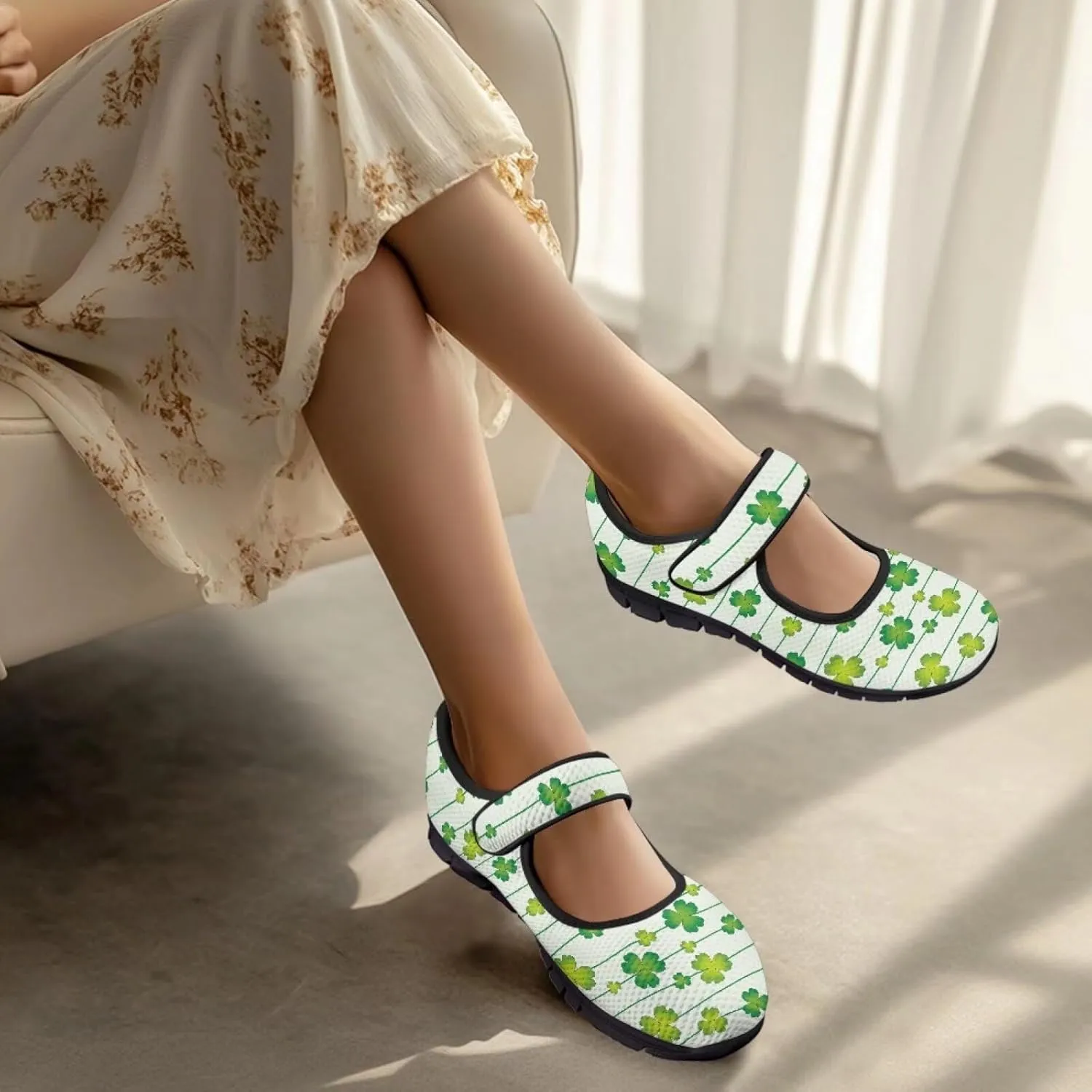 Jeiento St Patrick's Day Mesh Flats for Women Round Toe Ballet Flats Mary Jane Flats