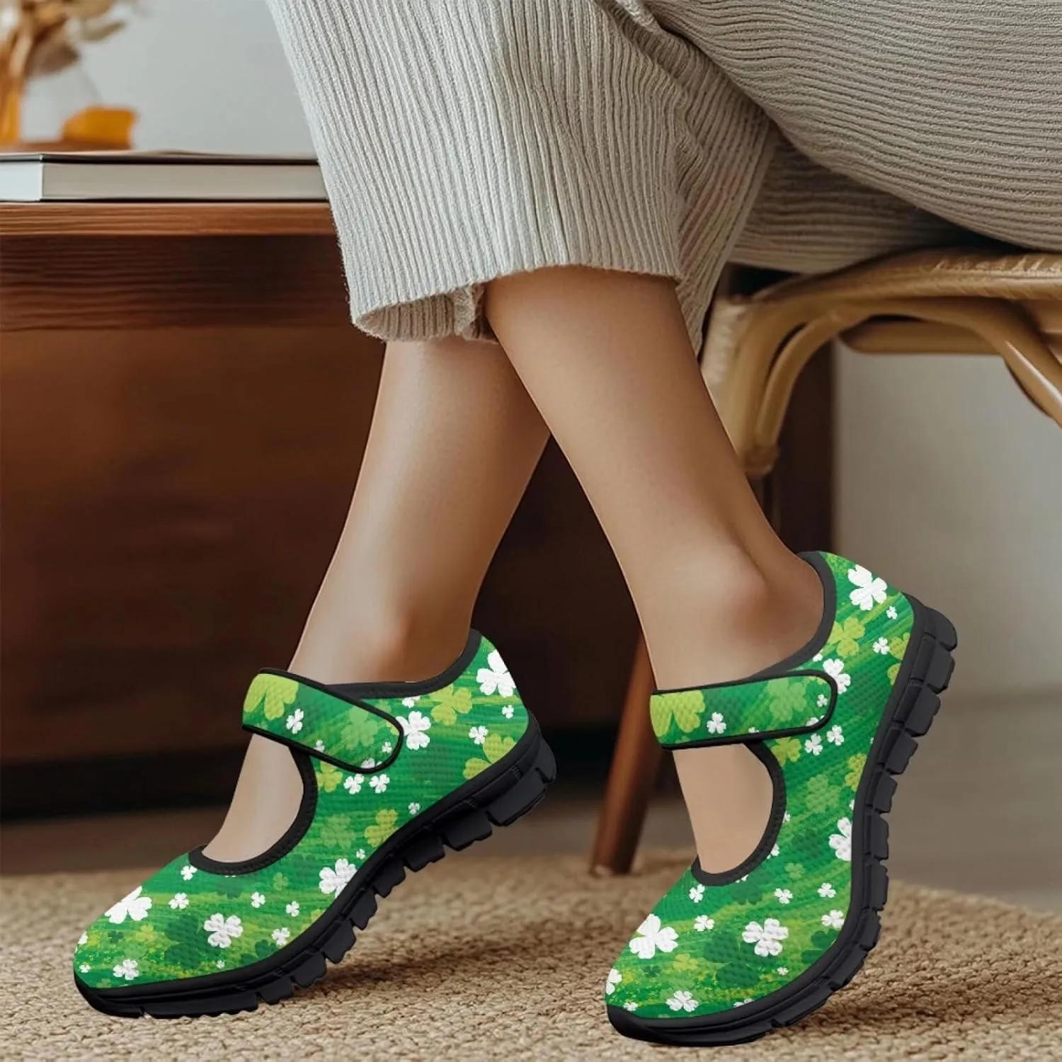 Jeiento St Patrick's Day Mesh Flats for Women Round Toe Ballet Flats Mary Jane Flats