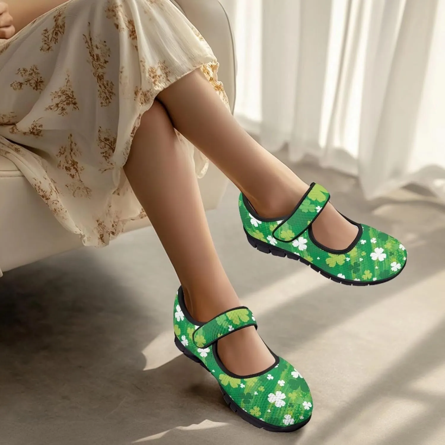 Jeiento St Patrick's Day Mesh Flats for Women Round Toe Ballet Flats Mary Jane Flats