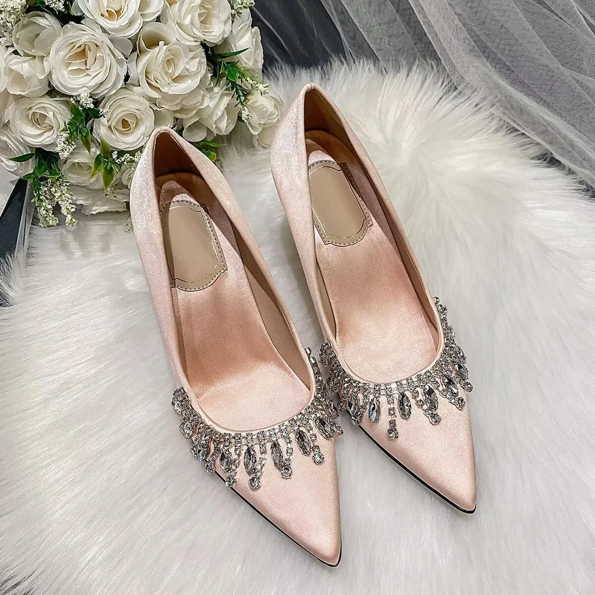 LUXINYU Women Pointed Toe Heels Elegant Stiletto Fashion Pearl Rhinestone Ladies Pumps Wedding Dress Shoes Comfortable Kitten Heels Work Shoes