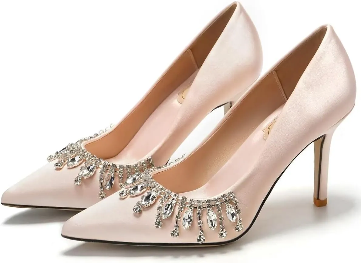 LUXINYU Women Pointed Toe Heels Elegant Stiletto Fashion Pearl Rhinestone Ladies Pumps Wedding Dress Shoes Comfortable Kitten Heels Work Shoes