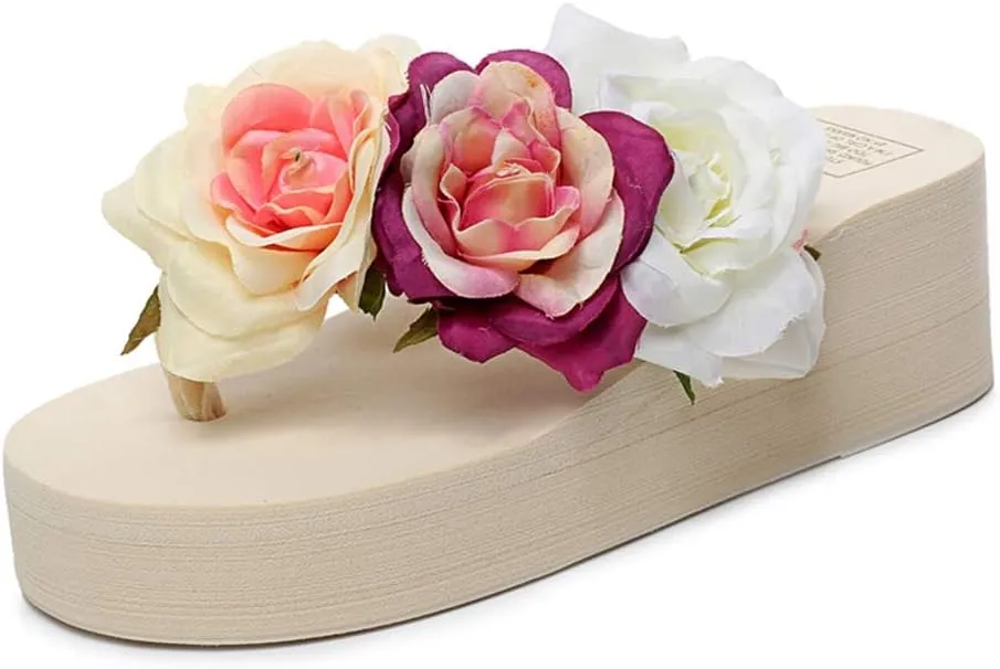 MIOKE Women's Boho Flowers Wedge Flipflops Trendy Summer Platform Anti-Slip High Heel Beach Thong Sandals