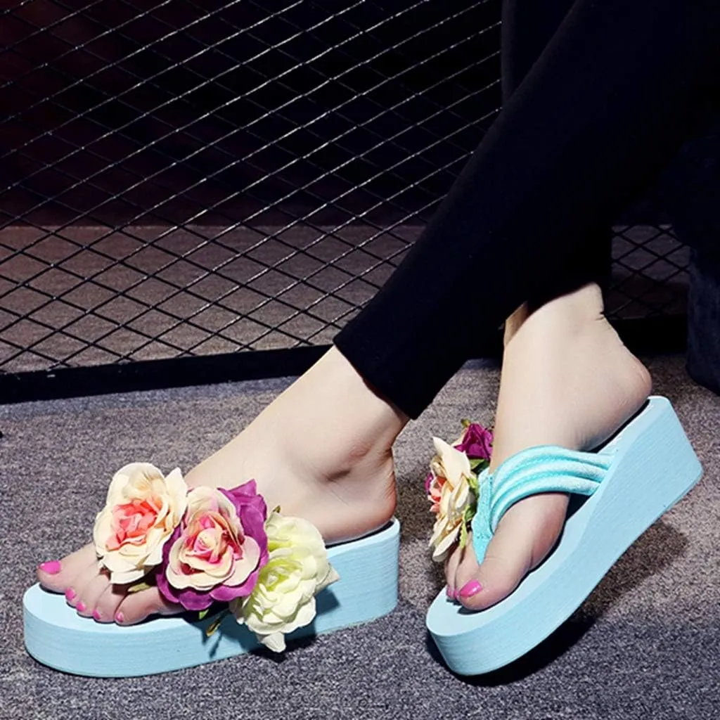 MIOKE Women's Boho Flowers Wedge Flipflops Trendy Summer Platform Anti-Slip High Heel Beach Thong Sandals