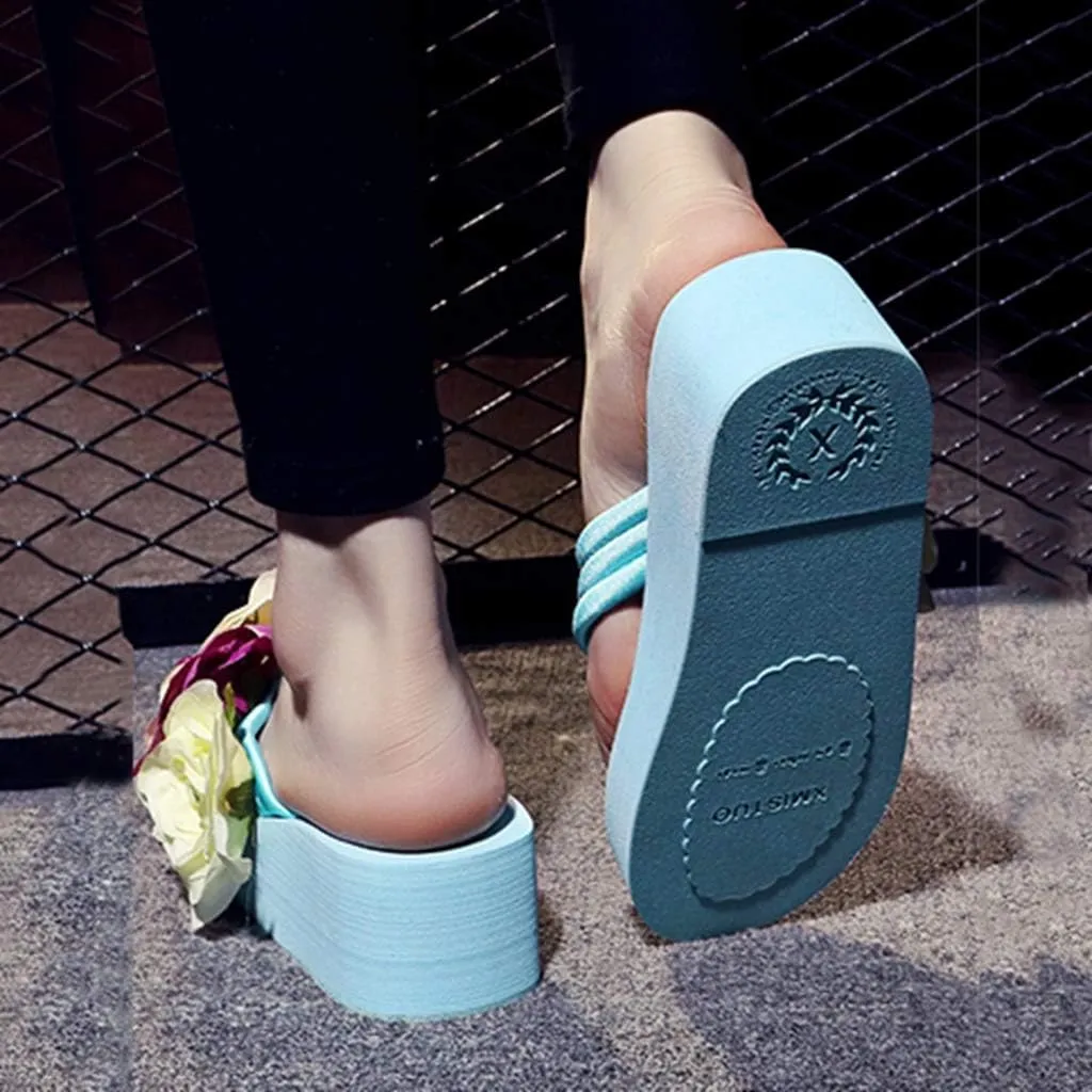 MIOKE Women's Boho Flowers Wedge Flipflops Trendy Summer Platform Anti-Slip High Heel Beach Thong Sandals