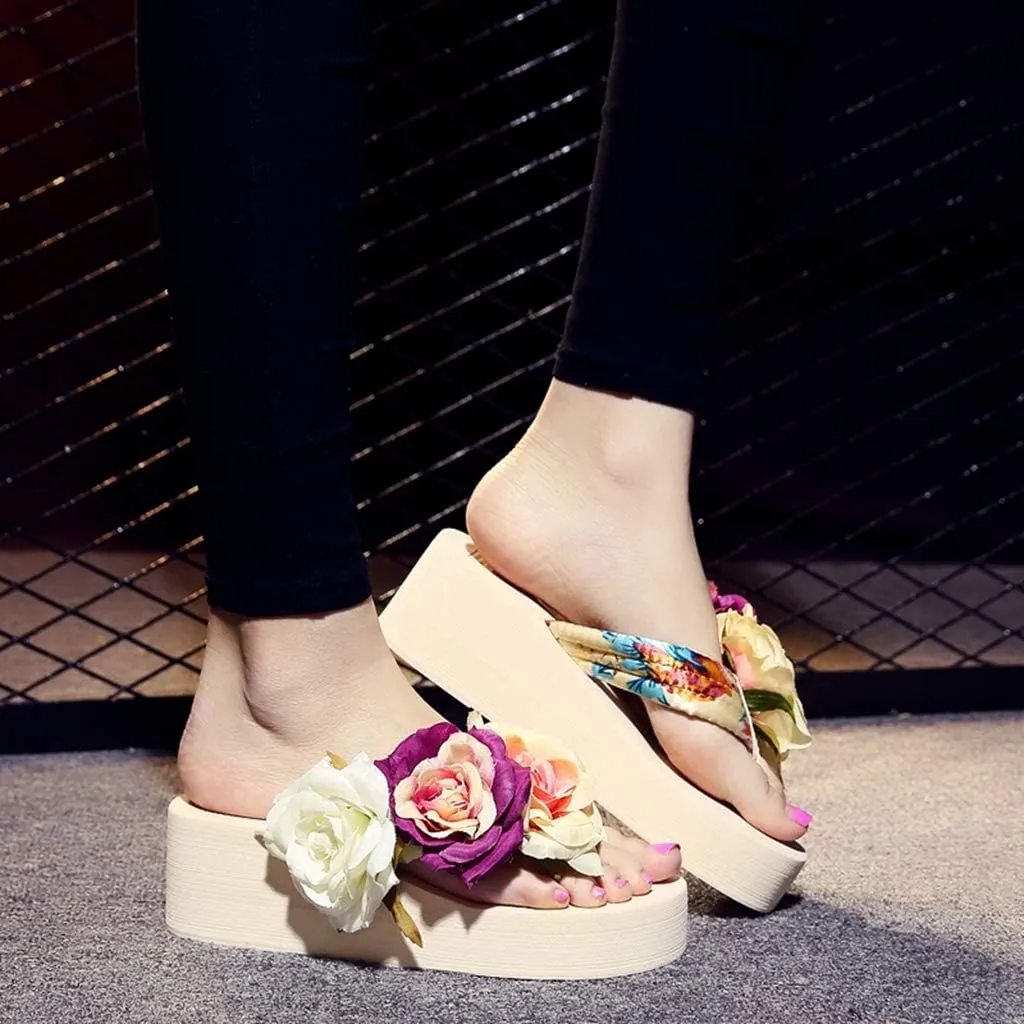 MIOKE Women's Boho Flowers Wedge Flipflops Trendy Summer Platform Anti-Slip High Heel Beach Thong Sandals