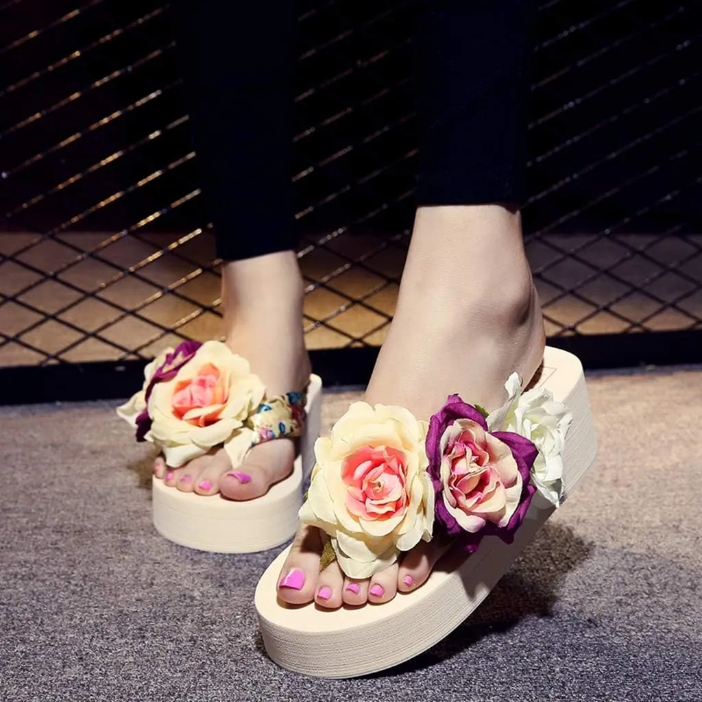 MIOKE Women's Boho Flowers Wedge Flipflops Trendy Summer Platform Anti-Slip High Heel Beach Thong Sandals