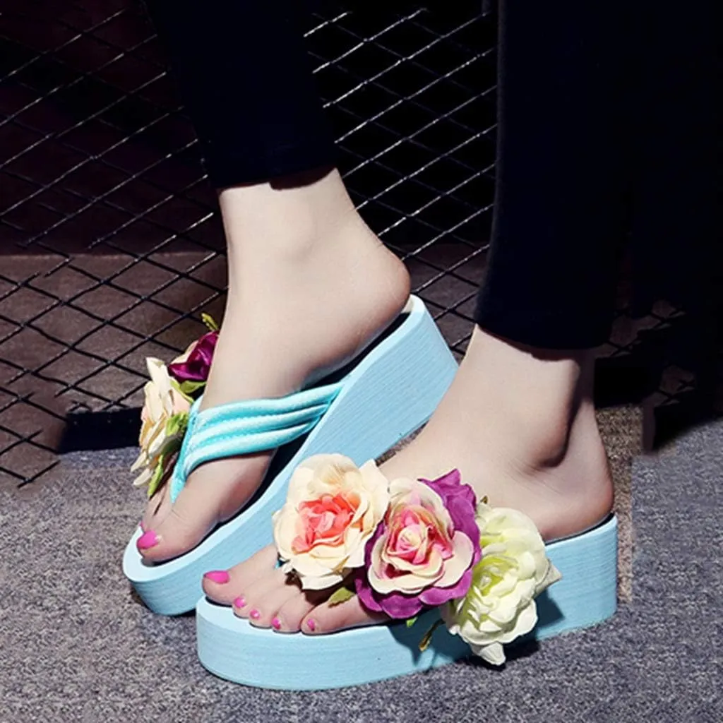 MIOKE Women's Boho Flowers Wedge Flipflops Trendy Summer Platform Anti-Slip High Heel Beach Thong Sandals