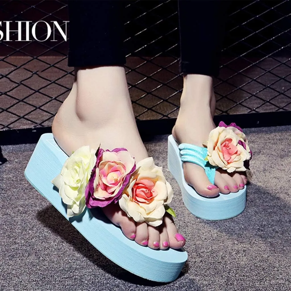 MIOKE Women's Boho Flowers Wedge Flipflops Trendy Summer Platform Anti-Slip High Heel Beach Thong Sandals