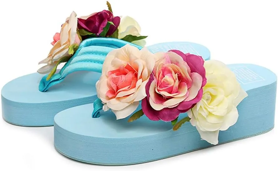 MIOKE Women's Boho Flowers Wedge Flipflops Trendy Summer Platform Anti-Slip High Heel Beach Thong Sandals