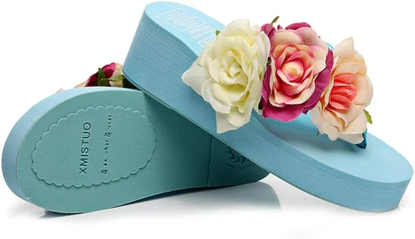 MIOKE Women's Boho Flowers Wedge Flipflops Trendy Summer Platform Anti-Slip High Heel Beach Thong Sandals