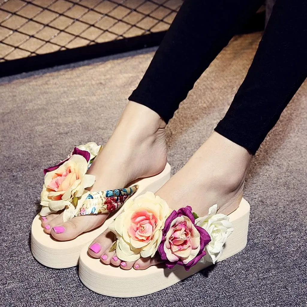 MIOKE Women's Boho Flowers Wedge Flipflops Trendy Summer Platform Anti-Slip High Heel Beach Thong Sandals