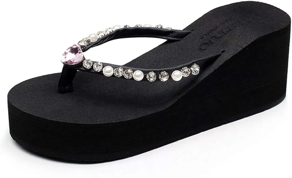 MIOKE Women's Wedge High Heel Flipflops Sandals Rhinestone Platform Nonslip Summer Beach Thong Sandal