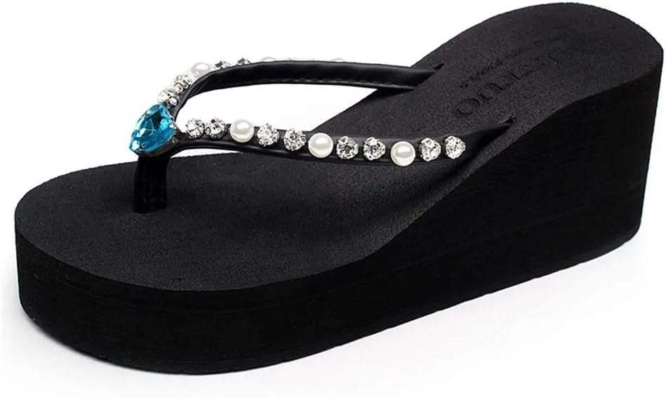 MIOKE Women's Wedge High Heel Flipflops Sandals Rhinestone Platform Nonslip Summer Beach Thong Sandal