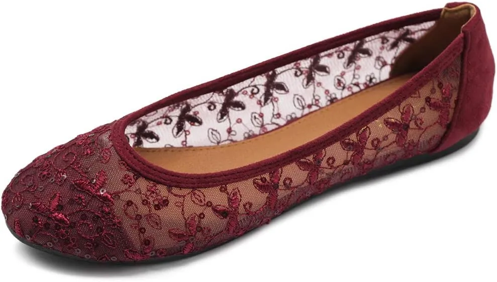Ollio Women's Shoes Dots or Floral Lace Breathable Round Toe Ballet Flats F123-124