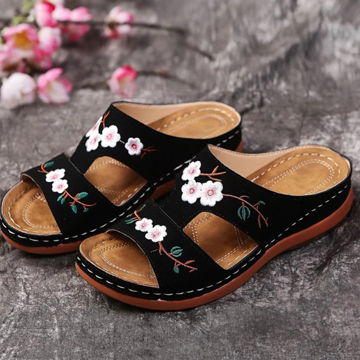 Orthopedic Sandals For Women Slip On Open Toe Soft Feetbed Flats Sandal Comfortable Walking Slippers Summer Arch Support Flip Flops Slip On Open Toe Soft Feetbed Flats Sandal