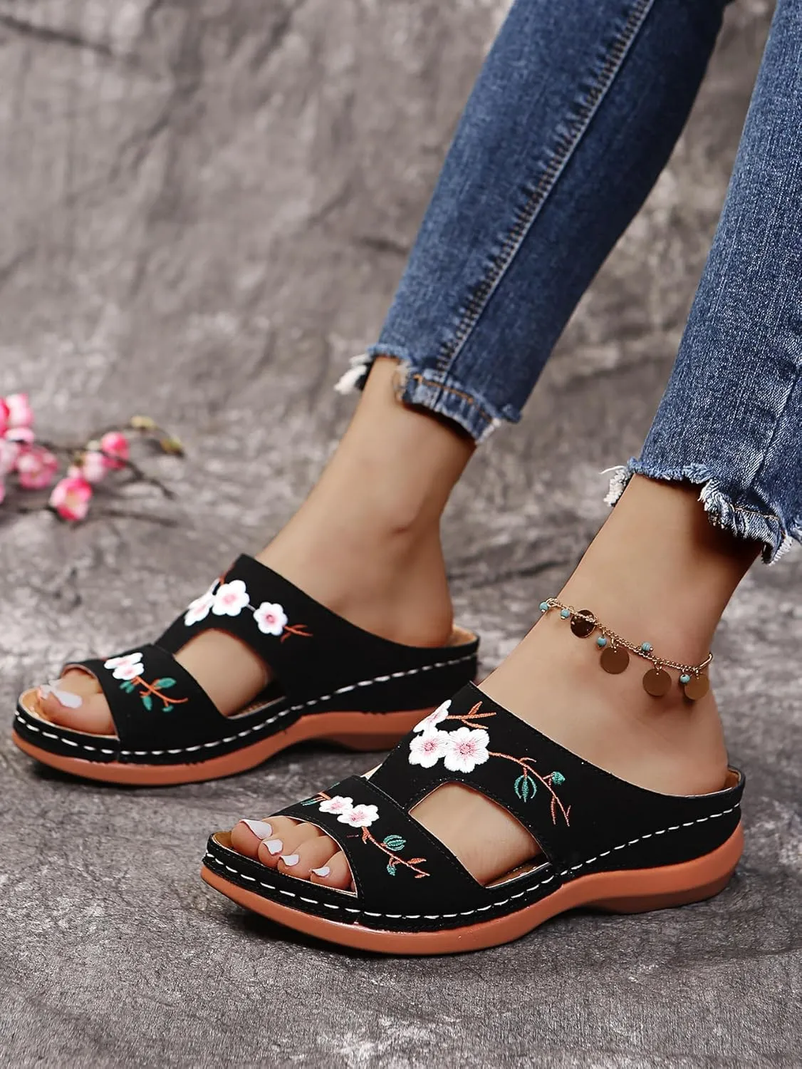 Orthopedic Sandals For Women Slip On Open Toe Soft Feetbed Flats Sandal Comfortable Walking Slippers Summer Arch Support Flip Flops Slip On Open Toe Soft Feetbed Flats Sandal