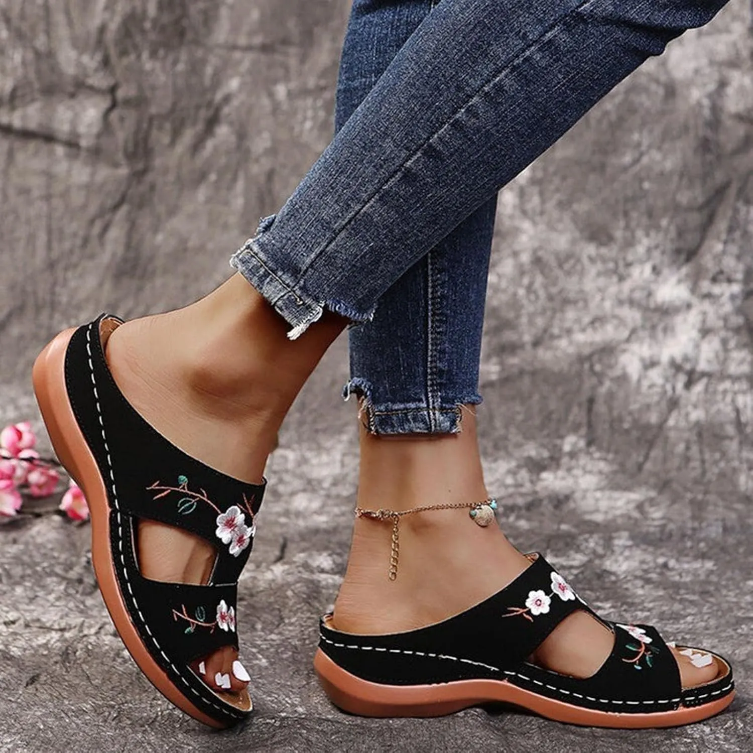 Orthopedic Sandals For Women Slip On Open Toe Soft Feetbed Flats Sandal Comfortable Walking Slippers Summer Arch Support Flip Flops Slip On Open Toe Soft Feetbed Flats Sandal