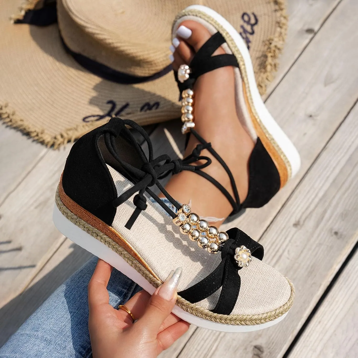 Platform Sandals for Women Wide Width Beads Strappy Espadrilles Sandals Soft Cushion Comfortable Walking Summer Shoes