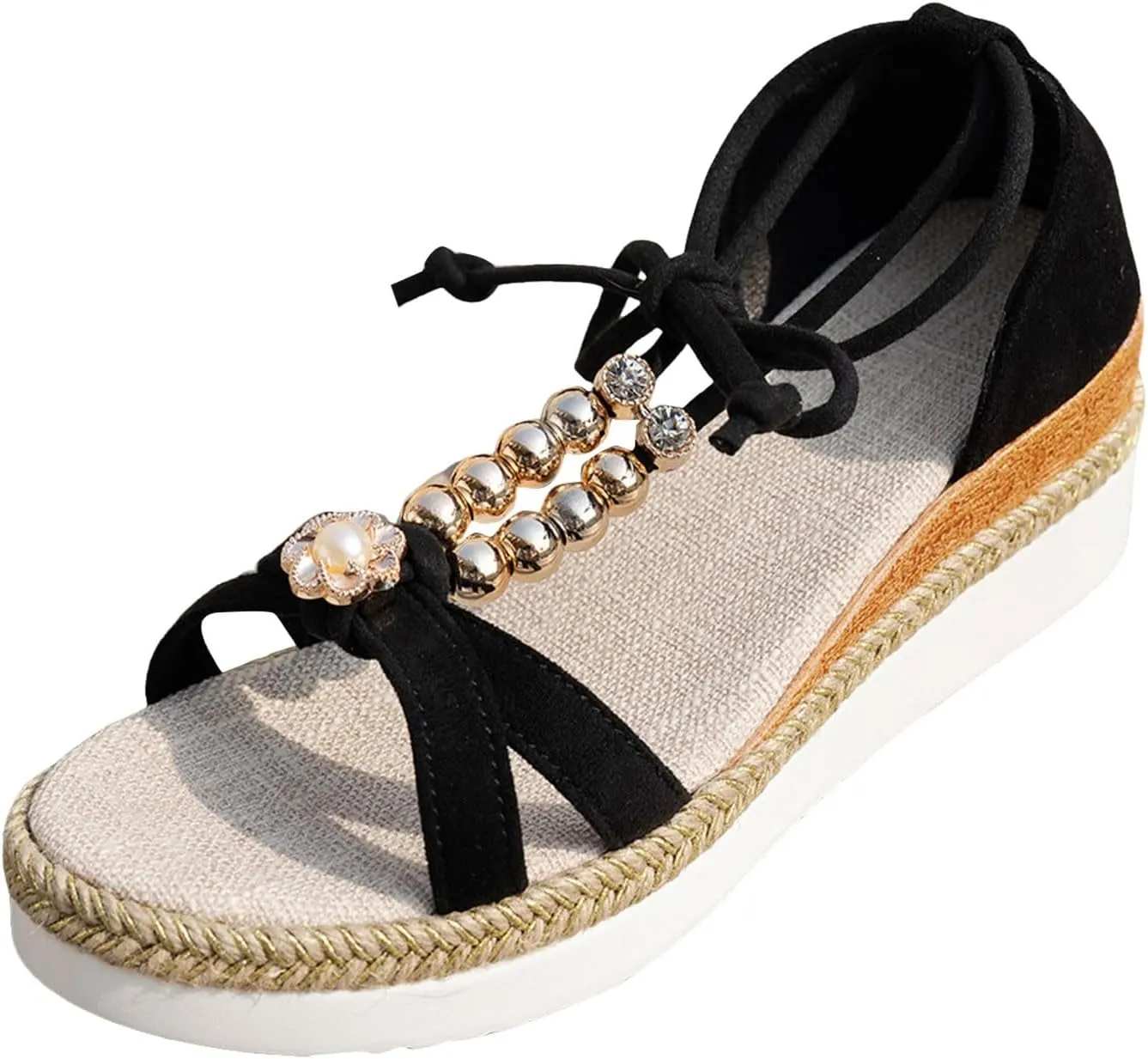 Platform Sandals for Women Wide Width Beads Strappy Espadrilles Sandals Soft Cushion Comfortable Walking Summer Shoes