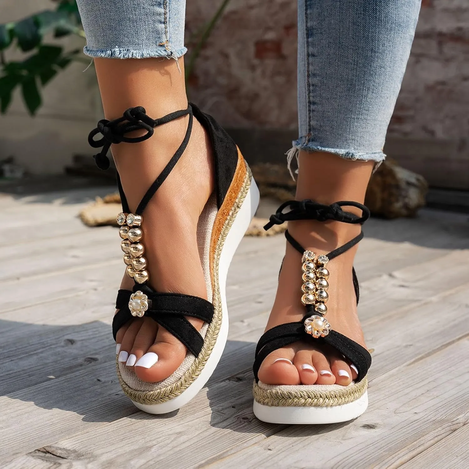 Platform Sandals for Women Wide Width Beads Strappy Espadrilles Sandals Soft Cushion Comfortable Walking Summer Shoes