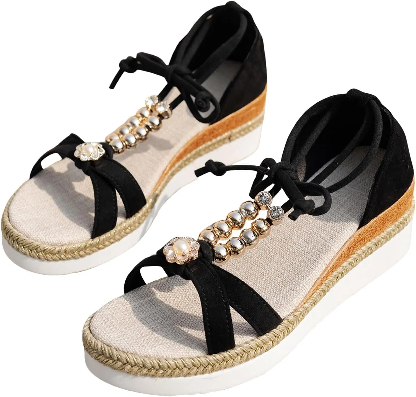 Platform Sandals for Women Wide Width Beads Strappy Espadrilles Sandals Soft Cushion Comfortable Walking Summer Shoes
