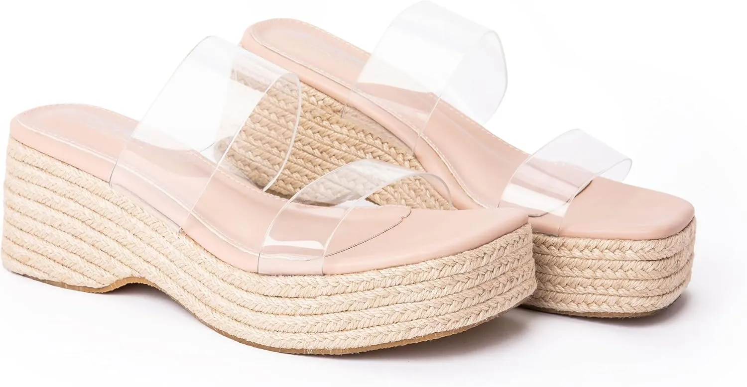 Platform Slip on Espadrille Sandals for Women Clear Strap Stylish Wedges Slides Sandals Dressy Platform Open Toe Beach Sandals