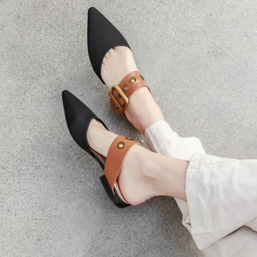 Pointed Toe Flat Mules Slippers Sandals with Buckle