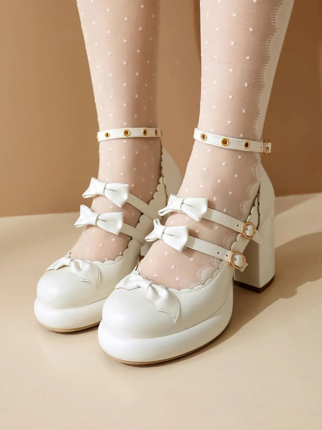 SACFOF Chunky High Heel Bow Pumps for Women Platform Round Toe Ankle Strap Mary Jane Patent Leather Dressy Shoes