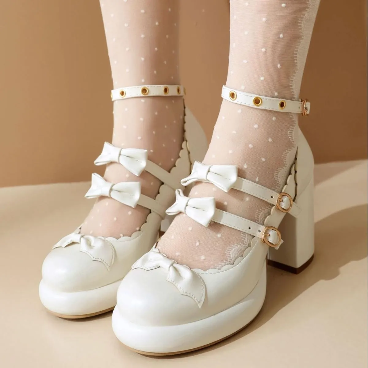 SACFOF Chunky High Heel Bow Pumps for Women Platform Round Toe Ankle Strap Mary Jane Patent Leather Dressy Shoes