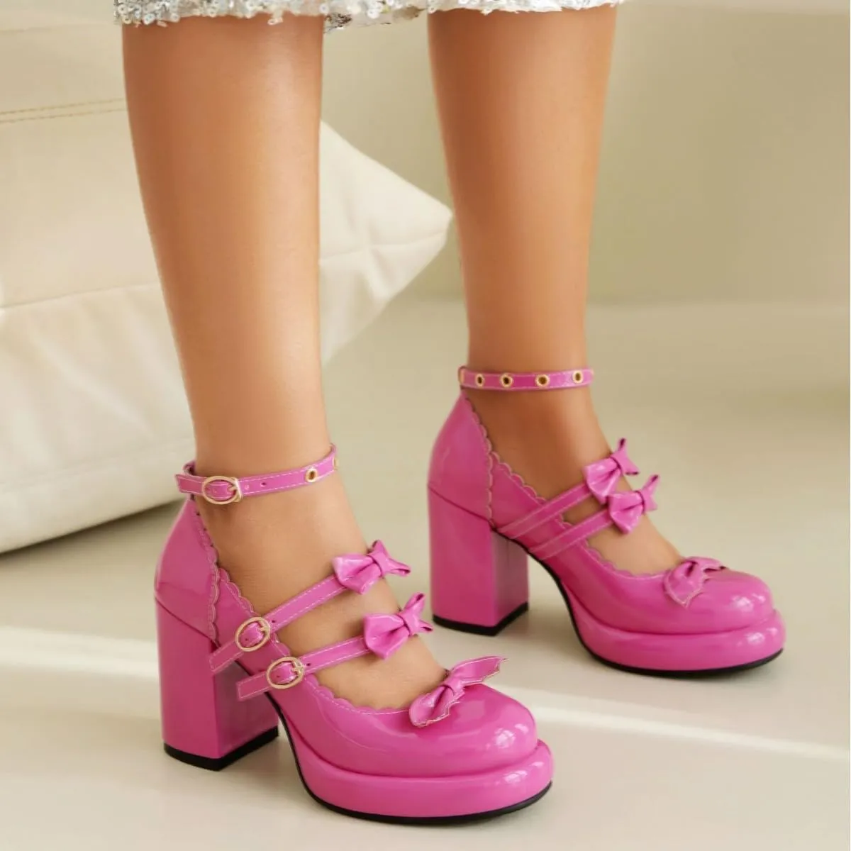 SACFOF Chunky High Heel Bow Pumps for Women Platform Round Toe Ankle Strap Mary Jane Patent Leather Dressy Shoes